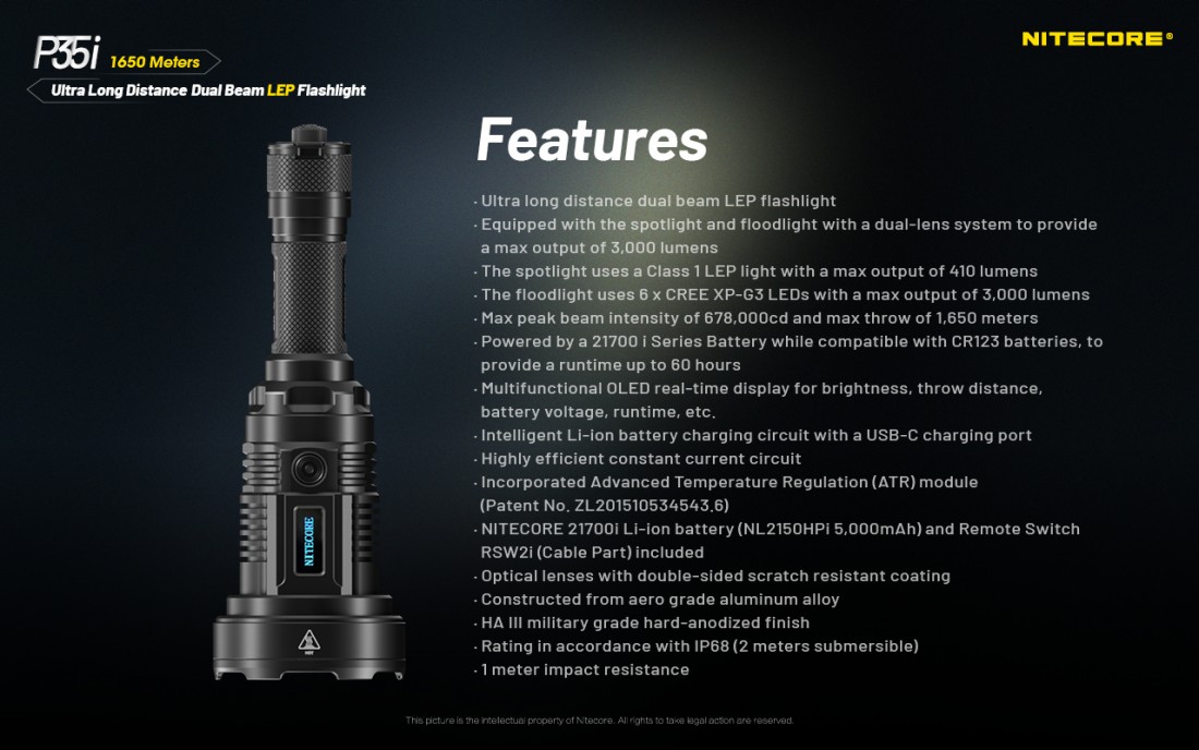 Nitecore Elemlámpa P35i (+1x21700 tartozék) 6xCREE XP-G3 LED (3000 lumen)