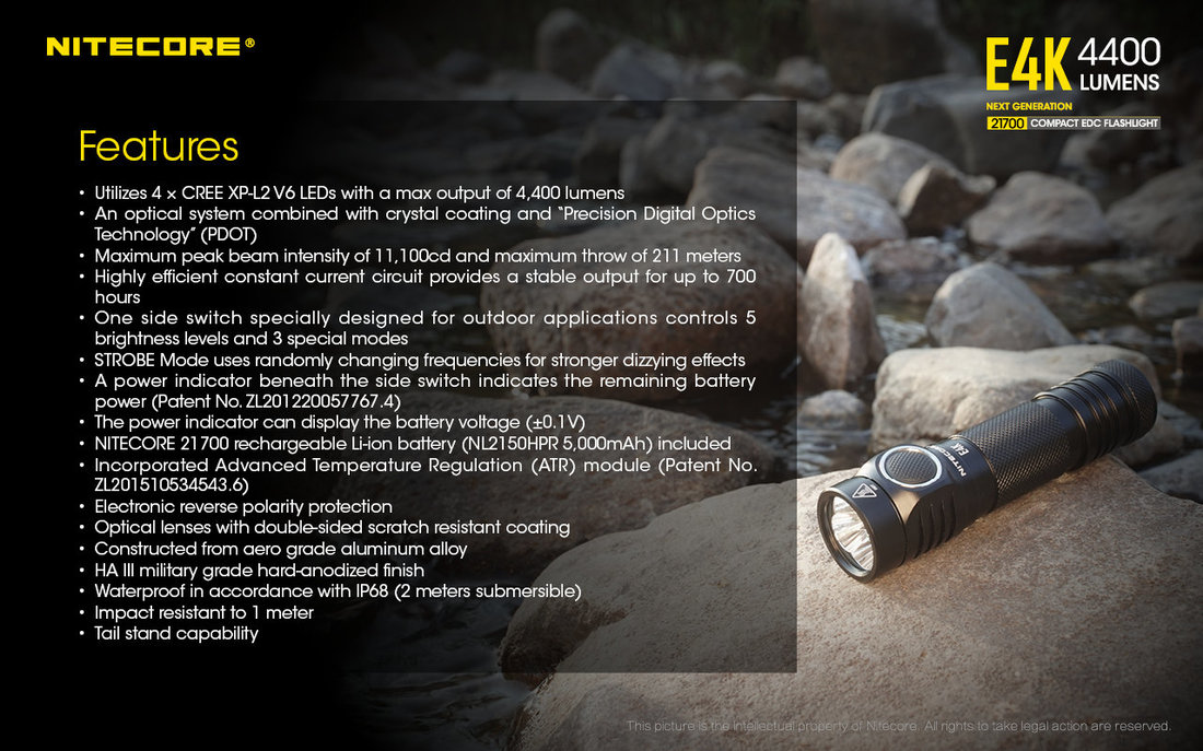 Nitecore Elemlámpa E4K (1x21700) 4xCREE XP-L2 V6 LED (4400 lumen)