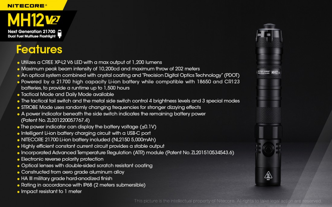 Nitecore Elemlámpa MH12V2 Akkumulátoros (tartozék) CREE XP-L2 V6 (1200 lumen)