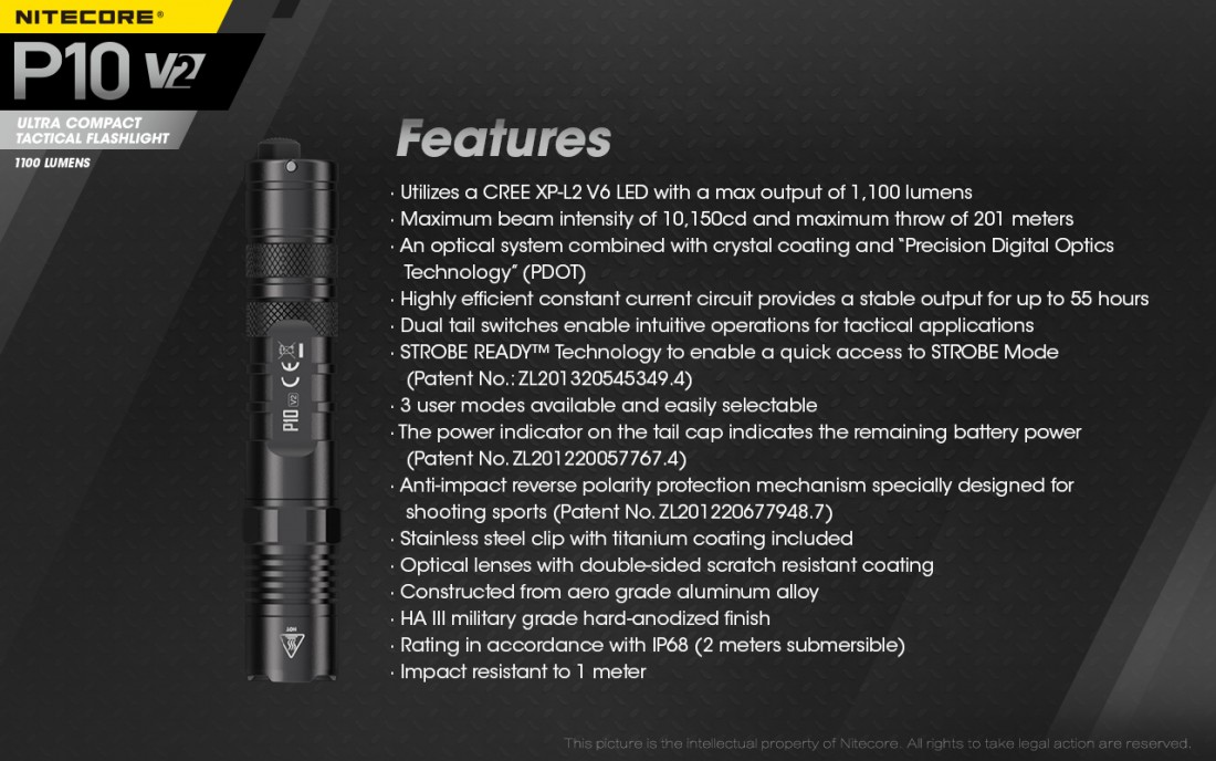 Nitecore Elemlámpa P10V2 (1x21700) CREE XP-L2 V6 (1100 lumen)